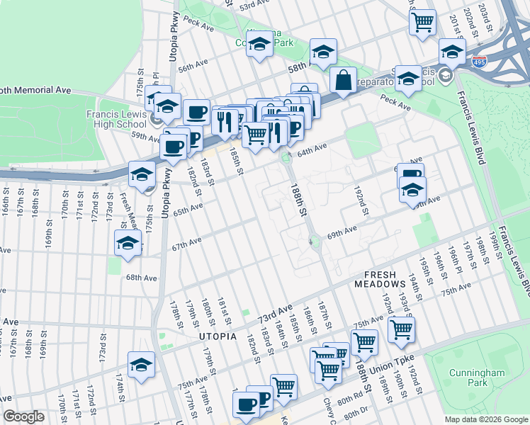 map of restaurants, bars, coffee shops, grocery stores, and more near 67-5H 186th Lane in Queens