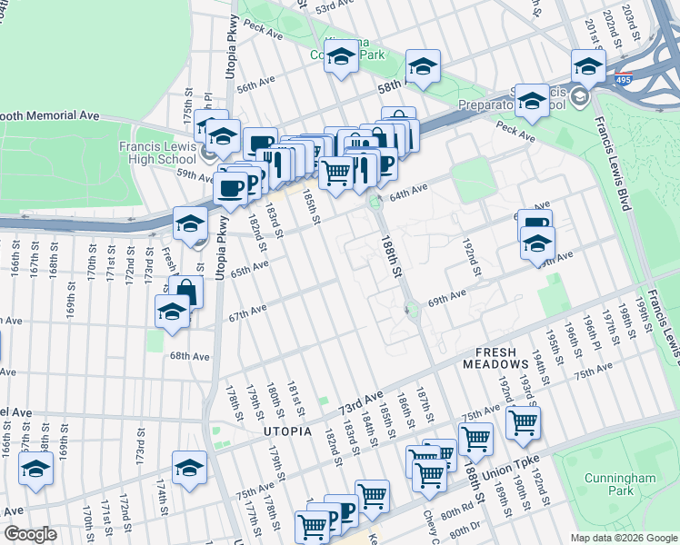 map of restaurants, bars, coffee shops, grocery stores, and more near 64-50 185th Street in Queens