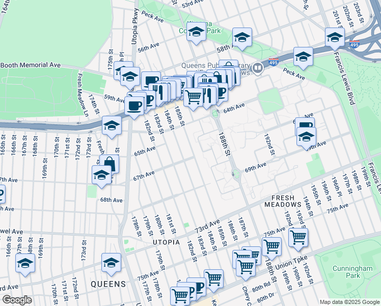 map of restaurants, bars, coffee shops, grocery stores, and more near 64-50 185th Street in Queens