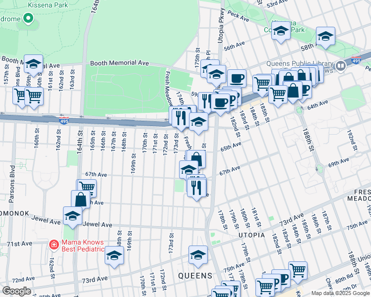 map of restaurants, bars, coffee shops, grocery stores, and more near 173-11 65th Avenue in Queens