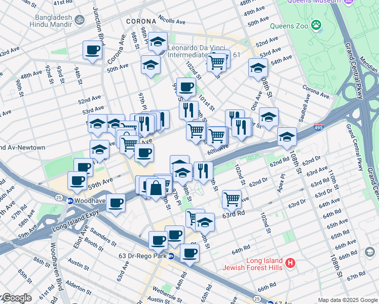 map of restaurants, bars, coffee shops, grocery stores, and more near 59-02 99th Street in Queens