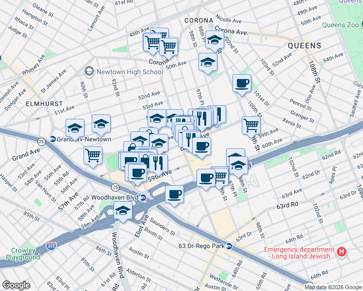 map of restaurants, bars, coffee shops, grocery stores, and more near 95-13 57th Avenue in Queens