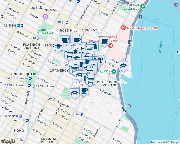 map of restaurants, bars, coffee shops, grocery stores, and more near 320 East 23rd Street in New York