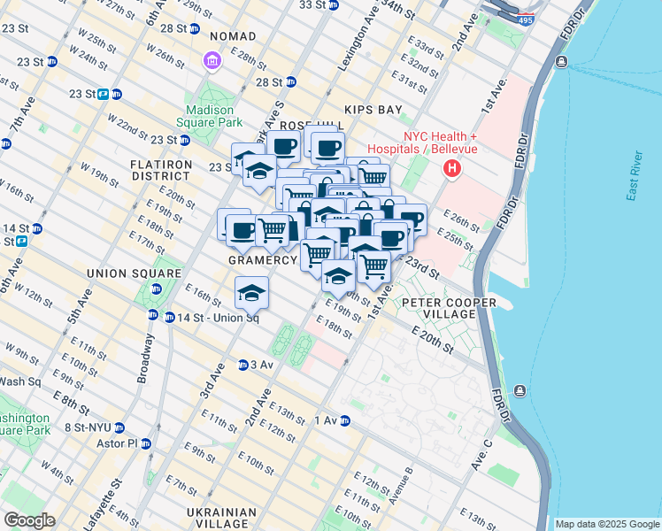 map of restaurants, bars, coffee shops, grocery stores, and more near 380 2nd Avenue in New York