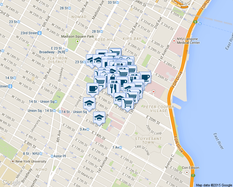 map of restaurants, bars, coffee shops, grocery stores, and more near 380 2nd Avenue in New York