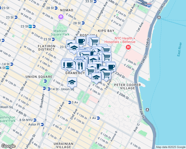 map of restaurants, bars, coffee shops, grocery stores, and more near 224 East 21st Street in New York
