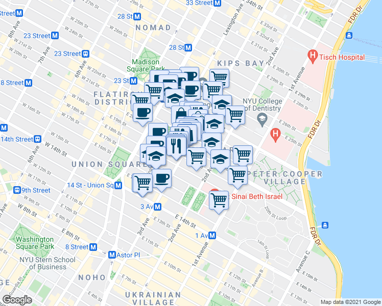 map of restaurants, bars, coffee shops, grocery stores, and more near in New York