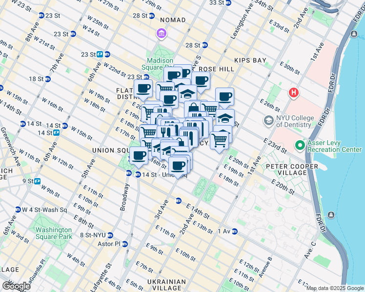 map of restaurants, bars, coffee shops, grocery stores, and more near 127 East 19th Street in New York