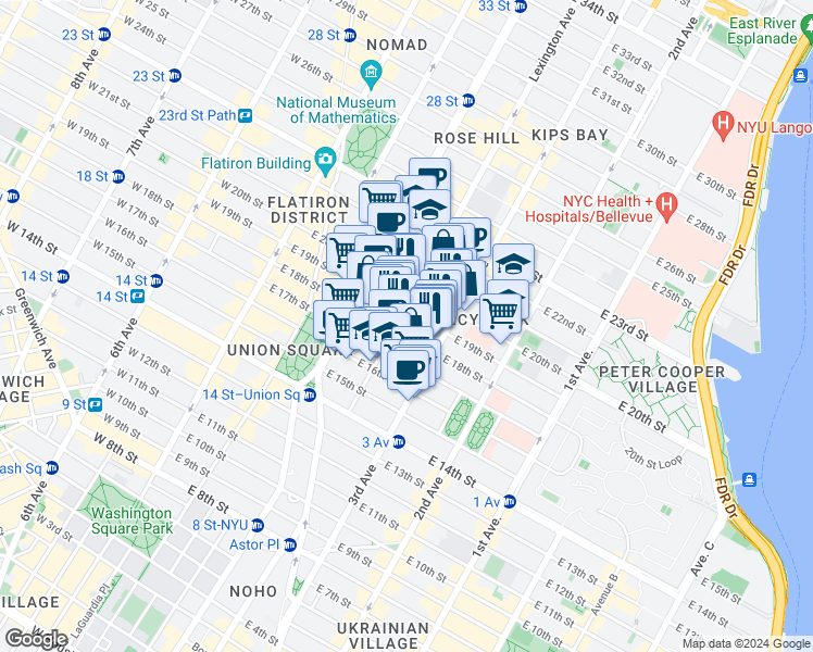 map of restaurants, bars, coffee shops, grocery stores, and more near 127 East 19th Street in New York