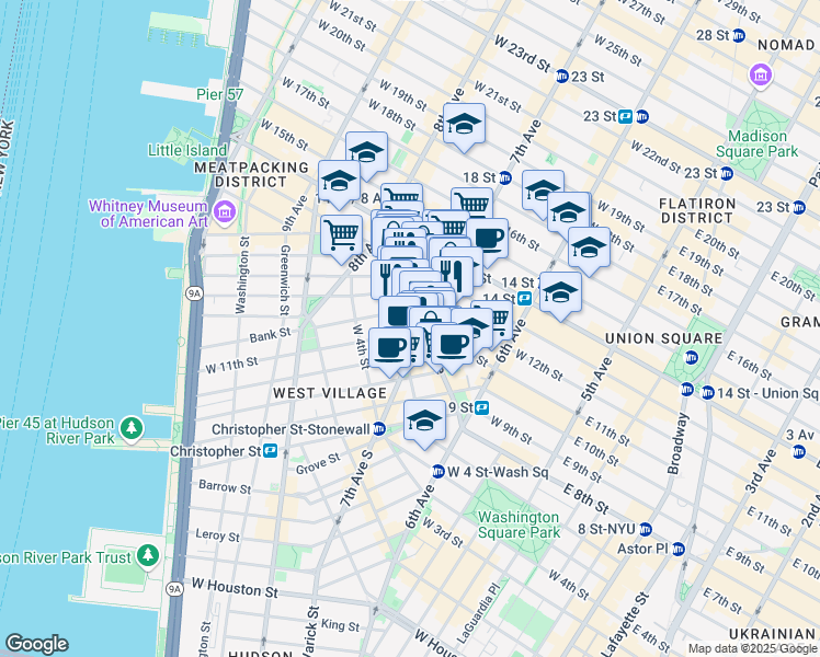 map of restaurants, bars, coffee shops, grocery stores, and more near 87 Greenwich Avenue in New York