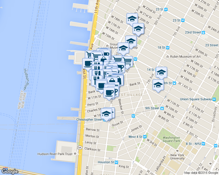 map of restaurants, bars, coffee shops, grocery stores, and more near 20 Bethune Street in New York