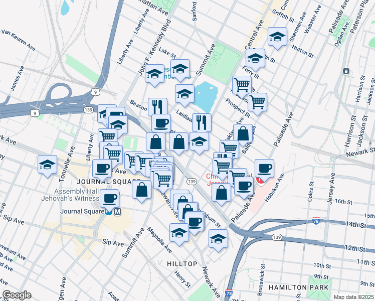 map of restaurants, bars, coffee shops, grocery stores, and more near 135 Hopkins Avenue in Jersey City