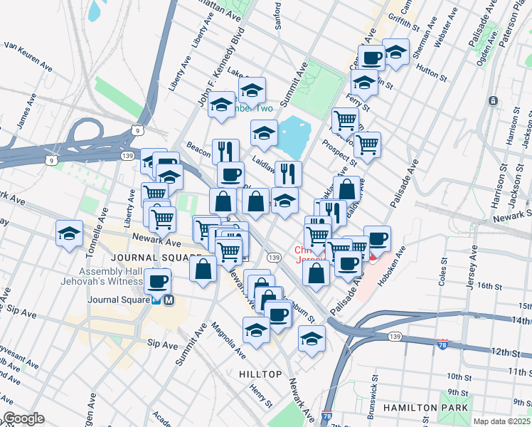 map of restaurants, bars, coffee shops, grocery stores, and more near 135 Hopkins Avenue in Jersey City