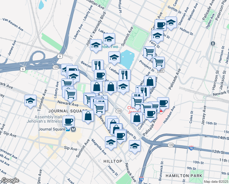 map of restaurants, bars, coffee shops, grocery stores, and more near 135 Hopkins Avenue in Jersey City