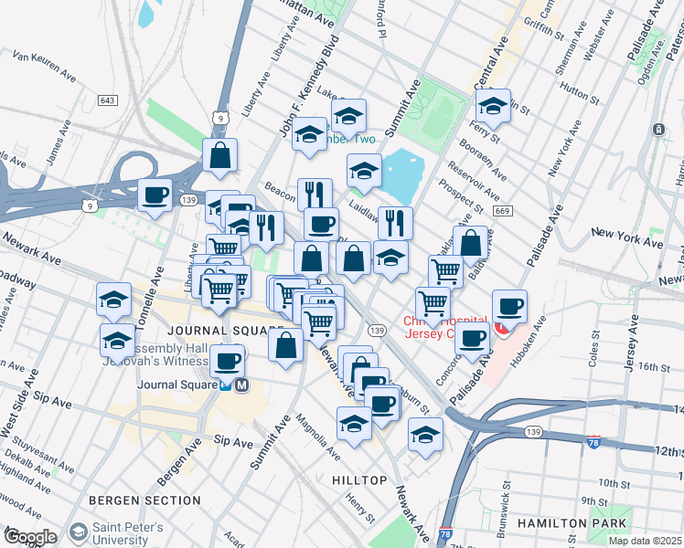 map of restaurants, bars, coffee shops, grocery stores, and more near 157 Saint Pauls Avenue in Jersey City