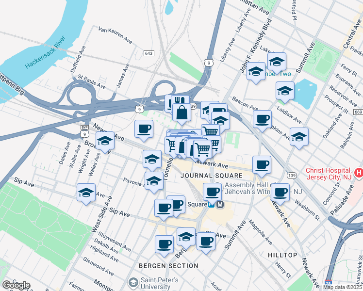 map of restaurants, bars, coffee shops, grocery stores, and more near 17 Berkeley Place in Jersey City