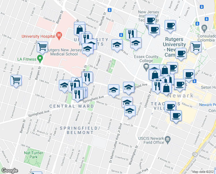 map of restaurants, bars, coffee shops, grocery stores, and more near 73 Howard Street in Newark