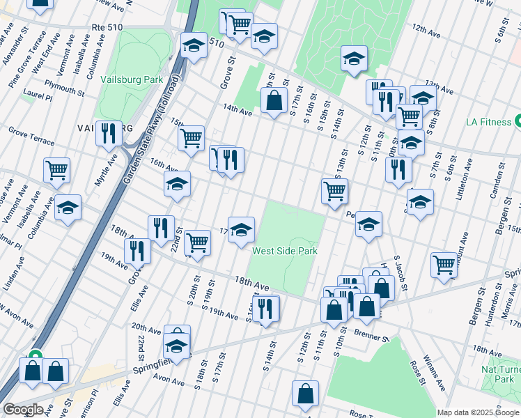 map of restaurants, bars, coffee shops, grocery stores, and more near 560 South 18th Street in Newark