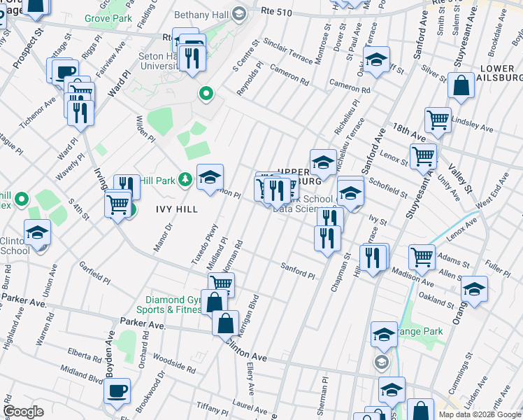 map of restaurants, bars, coffee shops, grocery stores, and more near 97 Norman Road in Newark