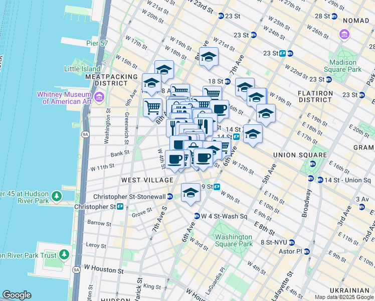 map of restaurants, bars, coffee shops, grocery stores, and more near 87 Greenwich Avenue in New York