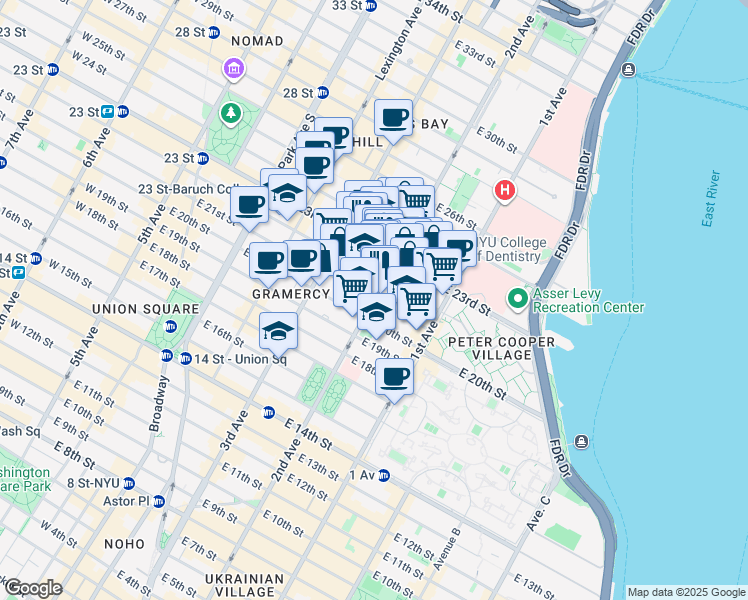 map of restaurants, bars, coffee shops, grocery stores, and more near 2nd Ave & E 21st St in New York
