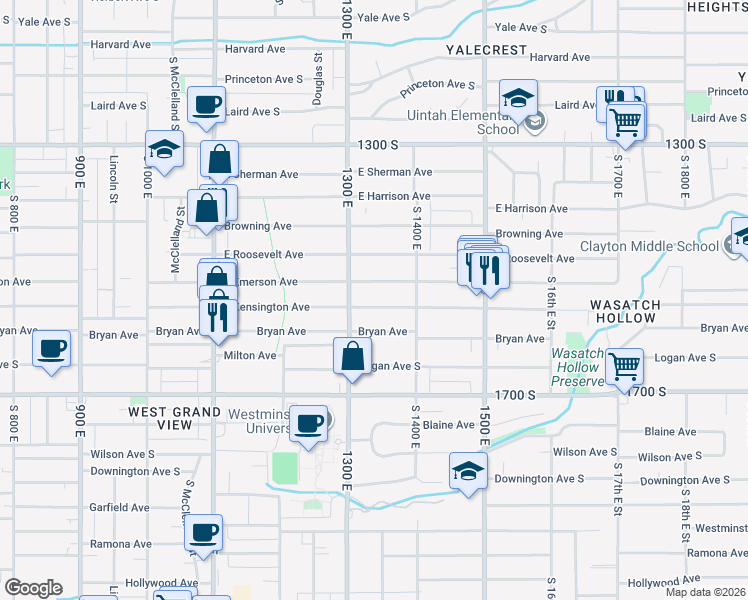 map of restaurants, bars, coffee shops, grocery stores, and more near 1331 E Kensington Avenue in Salt Lake City