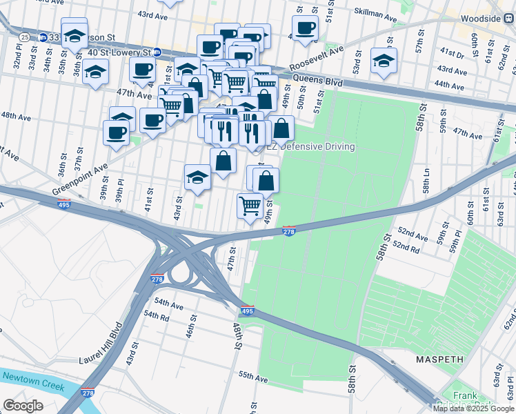 map of restaurants, bars, coffee shops, grocery stores, and more near 50-06 48th Street in Queens