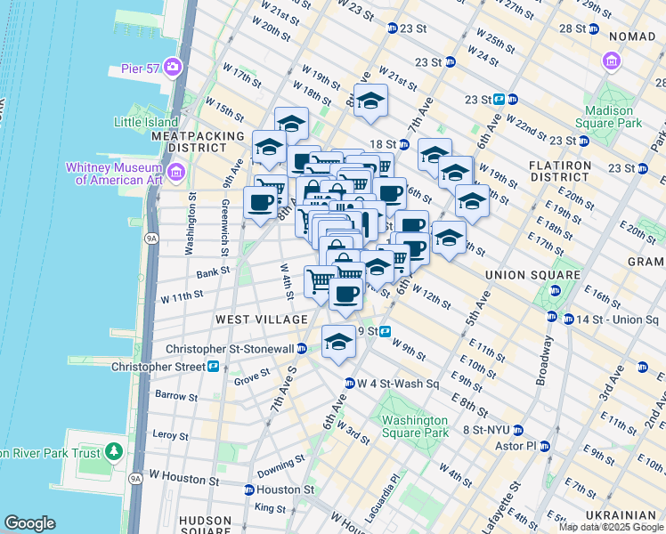 map of restaurants, bars, coffee shops, grocery stores, and more near 87 Greenwich Avenue in New York