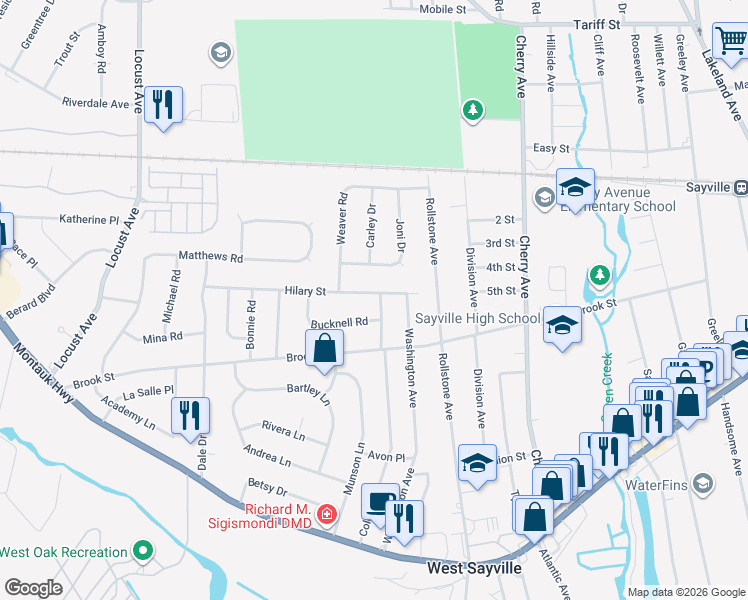 map of restaurants, bars, coffee shops, grocery stores, and more near 109 Hilary Street in West Sayville