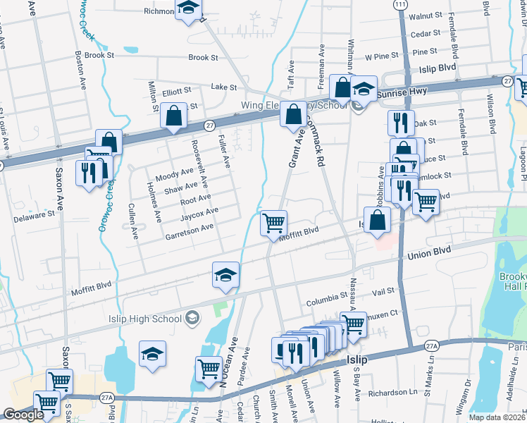 map of restaurants, bars, coffee shops, grocery stores, and more near 234 Grant Avenue in Islip