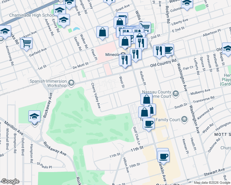 map of restaurants, bars, coffee shops, grocery stores, and more near 133 15th Street in Mineola