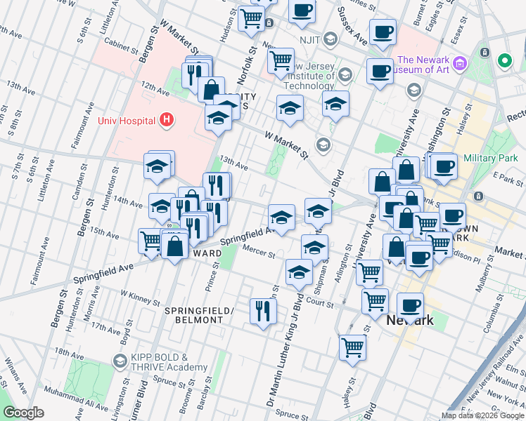 map of restaurants, bars, coffee shops, grocery stores, and more near 59 South Orange Avenue in Newark