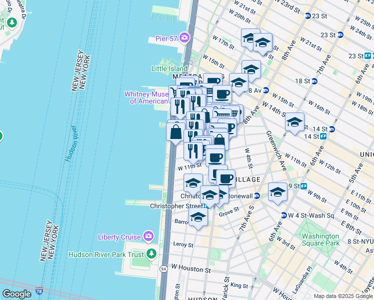 map of restaurants, bars, coffee shops, grocery stores, and more near 55 Bethune Street in New York