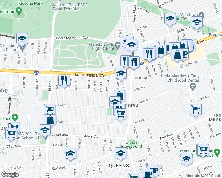 map of restaurants, bars, coffee shops, grocery stores, and more near 173-11 65th Avenue in Queens