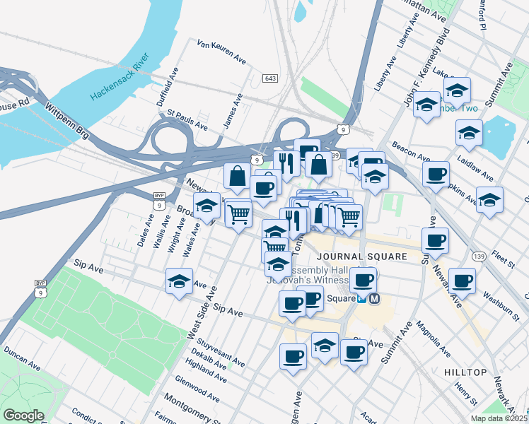 map of restaurants, bars, coffee shops, grocery stores, and more near 888 Newark Avenue in Jersey City