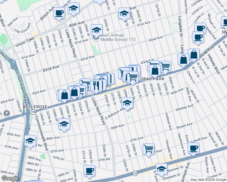 map of restaurants, bars, coffee shops, grocery stores, and more near 25803 Hillside Avenue in Queens