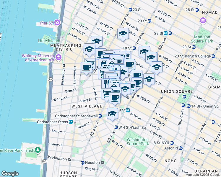 map of restaurants, bars, coffee shops, grocery stores, and more near 201 West 11th Street in New York