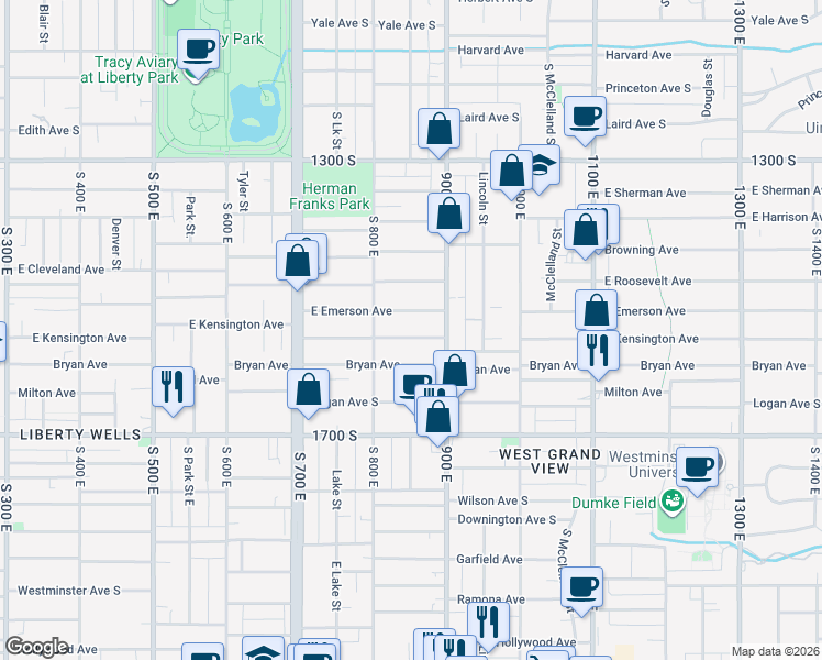 map of restaurants, bars, coffee shops, grocery stores, and more near 836 East Emerson Avenue in Salt Lake City