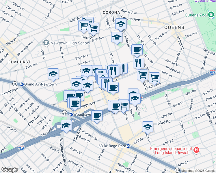 map of restaurants, bars, coffee shops, grocery stores, and more near 96-08 57th Avenue in Queens