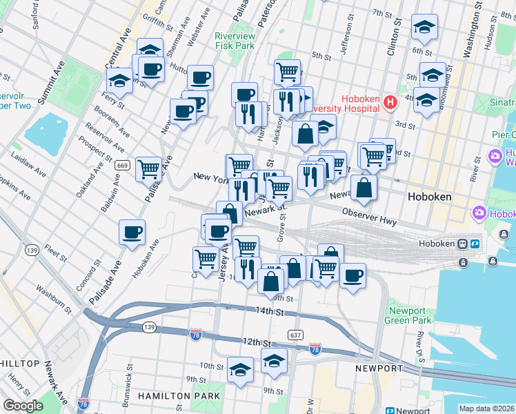 map of restaurants, bars, coffee shops, grocery stores, and more near 40 Jackson Street in Hoboken