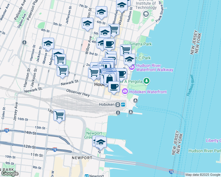 map of restaurants, bars, coffee shops, grocery stores, and more near in Hoboken