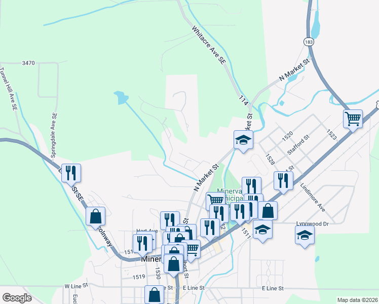 map of restaurants, bars, coffee shops, grocery stores, and more near 204 Ridgewood Boulevard in Minerva