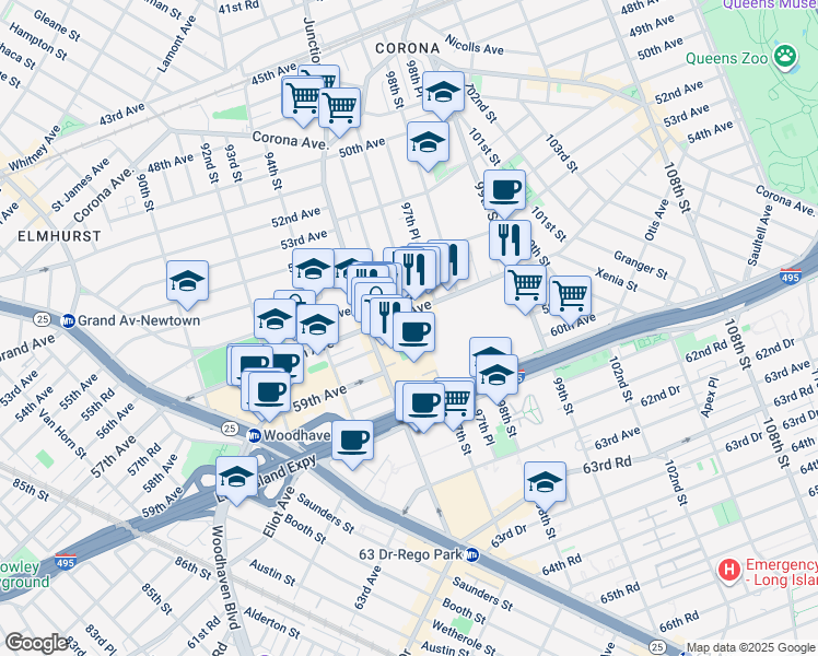 map of restaurants, bars, coffee shops, grocery stores, and more near 96-10 57th Avenue in Queens