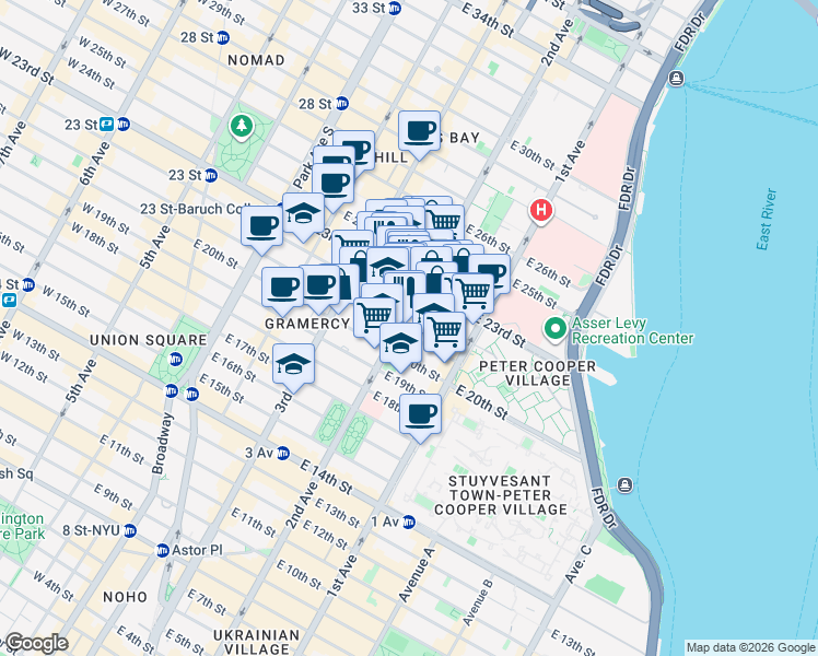 map of restaurants, bars, coffee shops, grocery stores, and more near 301 East 21st Street in New York