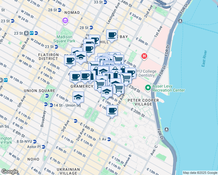 map of restaurants, bars, coffee shops, grocery stores, and more near 301 East 21st Street in New York