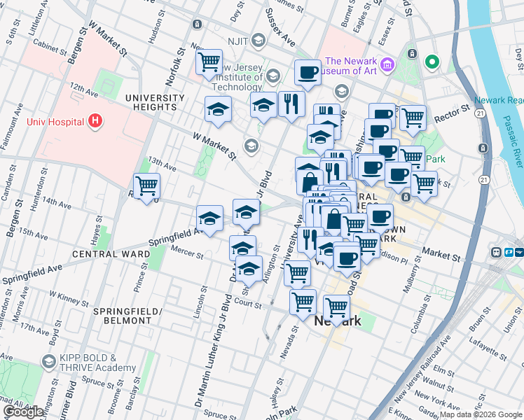 map of restaurants, bars, coffee shops, grocery stores, and more near 48 Springfield Avenue in Newark