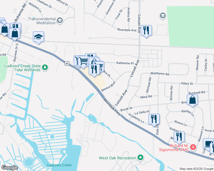 map of restaurants, bars, coffee shops, grocery stores, and more near 6 Berard Boulevard in Oakdale