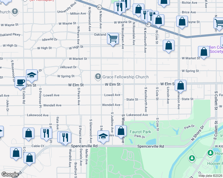 map of restaurants, bars, coffee shops, grocery stores, and more near 1423 West Elm Street in Lima