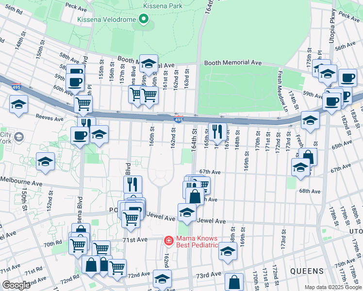 map of restaurants, bars, coffee shops, grocery stores, and more near 65-06 163rd Street in Queens