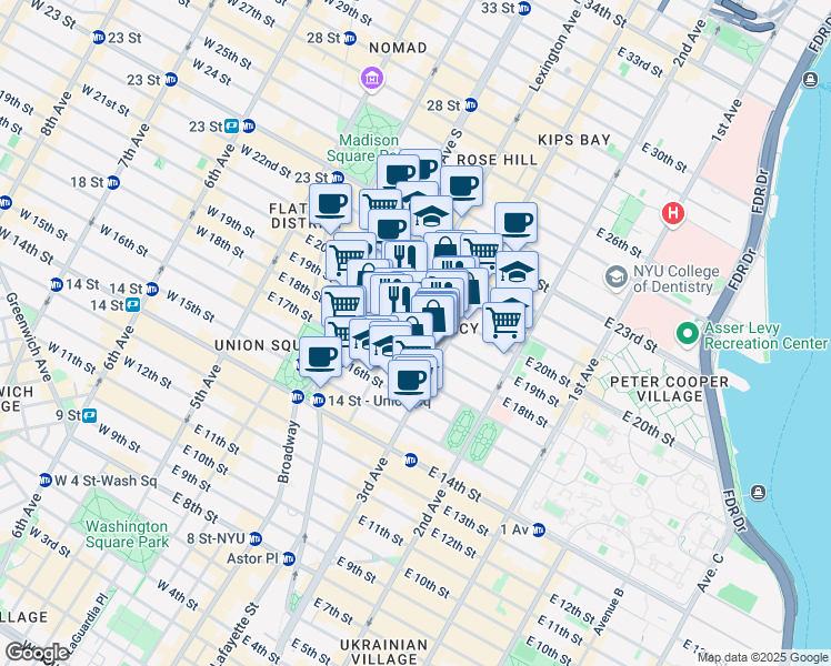 map of restaurants, bars, coffee shops, grocery stores, and more near 127 East 19th Street in New York